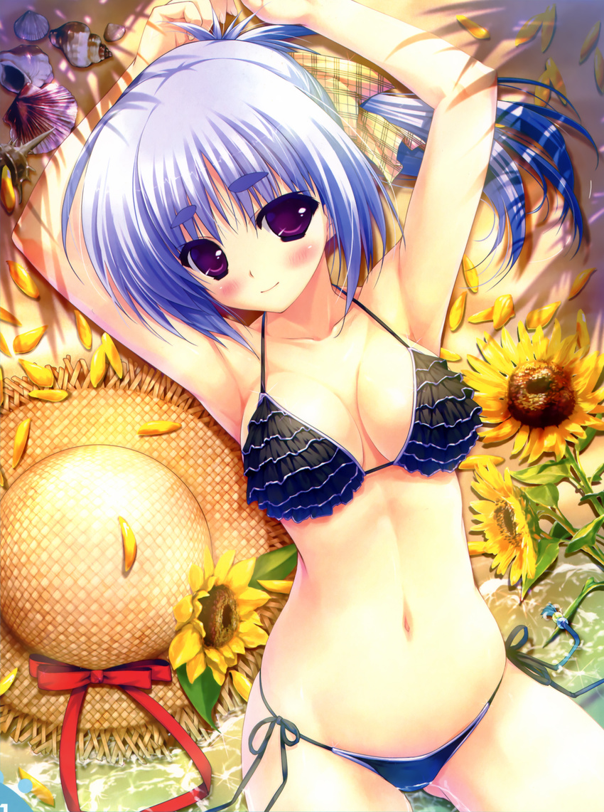 absurdres amatsu_misora_ni! armpits arms_up beach bikini black_bikini blue_hair blush breasts cleavage collarbone cropped eyebrows flower frilled_bikini frills halterneck hat highres long_hair lying medium_breasts navel on_back otonashi_kaho partially_submerged petals plaid ponytail purple_eyes scan shell shintarou side-tie_bikini smile solo string_bikini sun_hat sunflower swimsuit thick_eyebrows water