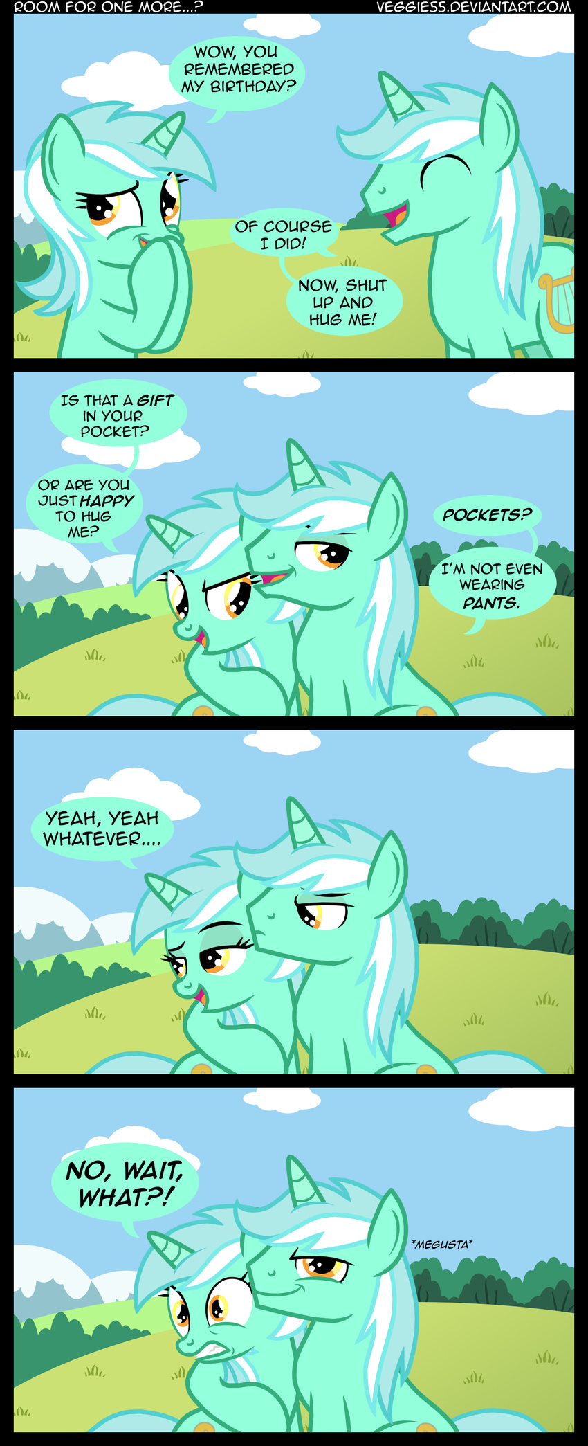 clouds comic crossgender cutie_mark dialog dialogue english_text equine female feral friendship_is_magic hair horn horse hug lyra_(mlp) lyra_heartstrings_(mlp) male mammal me_gusta my_little_pony outside pony square_crossover text two_tone_hair unicorn veggie55 yellow_eyes