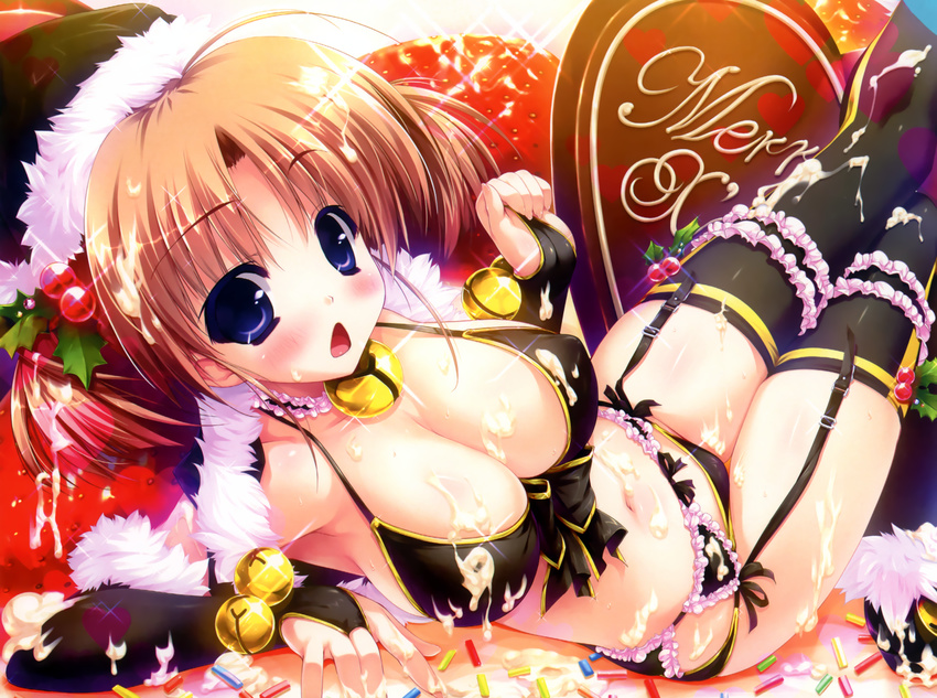 amatsumi_sora_ni blush bra brown_hair cleavage garter_belt kanzaki_miyu panties shintaro stockings strawberry thighhighs underwear