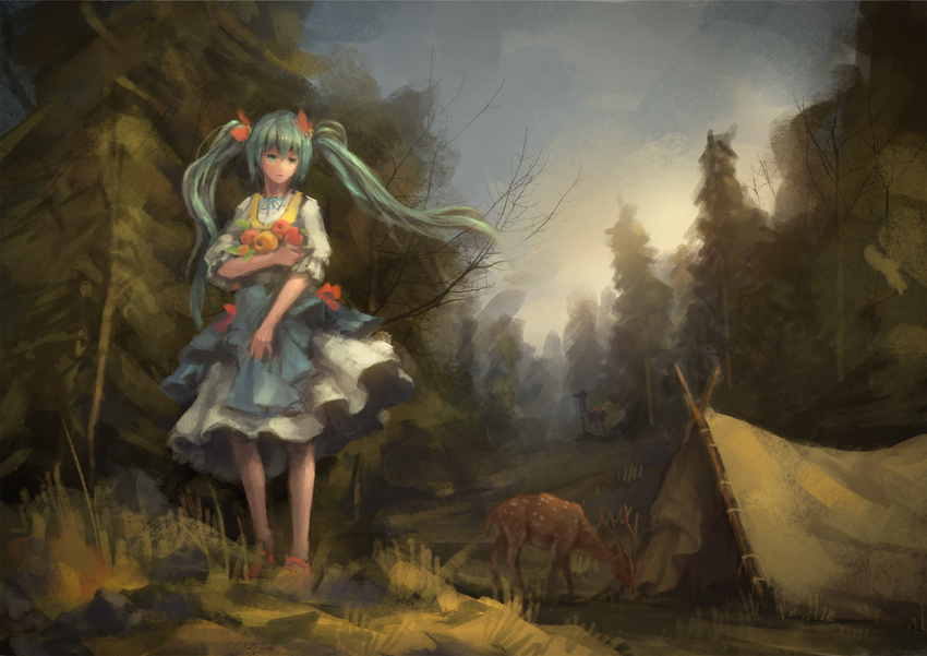 animal aqua_eyes aqua_hair bad_id bad_pixiv_id deer dress forest hatsune_miku highres long_hair nature prog_wang solo tent tree twintails vocaloid