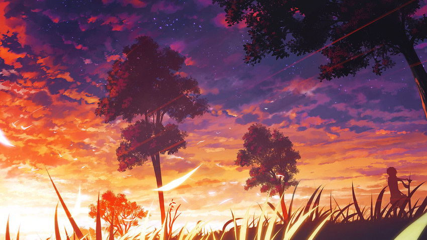 1girl grass highres original scarf scenery sky solo sunset tree walking