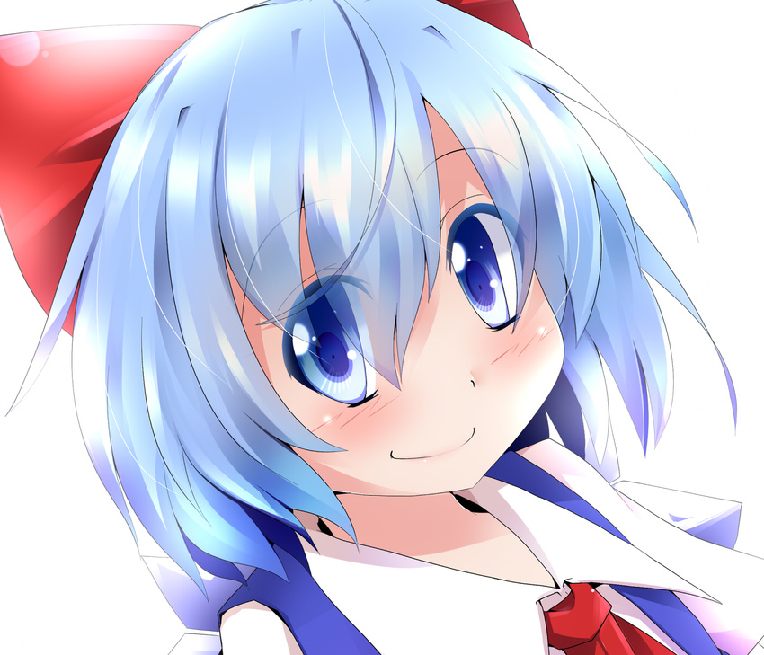 blue_eyes blue_hair blush bow cirno closed_mouth hair_bow highres hiro_(pqtks113) looking_at_viewer portrait short_hair simple_background smile solo touhou white_background