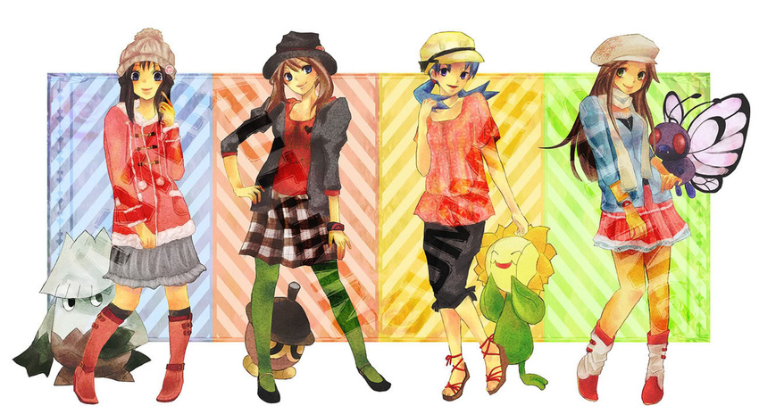 alternate_costume bad_id bad_pixiv_id beanie blue_(pokemon) butterfree checkered coat crystal_(pokemon) gen_1_pokemon gen_2_pokemon gen_3_pokemon gen_4_pokemon haruka_(pokemon) hat hikari_(pokemon) kuruko_rin looking_down multiple_girls pantyhose pokemon pokemon_(creature) pokemon_(game) pokemon_dppt pokemon_frlg pokemon_gsc pokemon_platinum pokemon_rse ribbon scarf seedot skirt snover standing sunflora winter_clothes