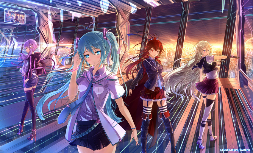 aqua_eyes aqua_hair artist_name blonde_hair blush bracelet cul garter_straps green_eyes hatsune_miku highres ia_(vocaloid) jewelry kazeno long_hair looking_at_viewer multiple_girls necktie outstretched_arm pink_hair recursion red_hair short_hair_with_long_locks shorts sidelocks skirt striped striped_legwear sunlight thighhighs twintails very_long_hair vocaloid voiceroid yuzuki_yukari zettai_ryouiki