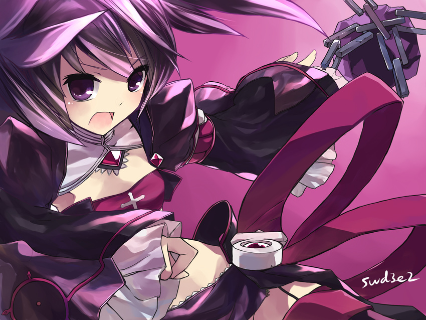 aisha_(elsword) artist_name bad_id bad_pixiv_id chain elsword highres purple purple_background purple_eyes purple_hair purple_skirt purple_sleeves short_hair skirt solo swd3e2 thighhighs twintails void_princess_(elsword)
