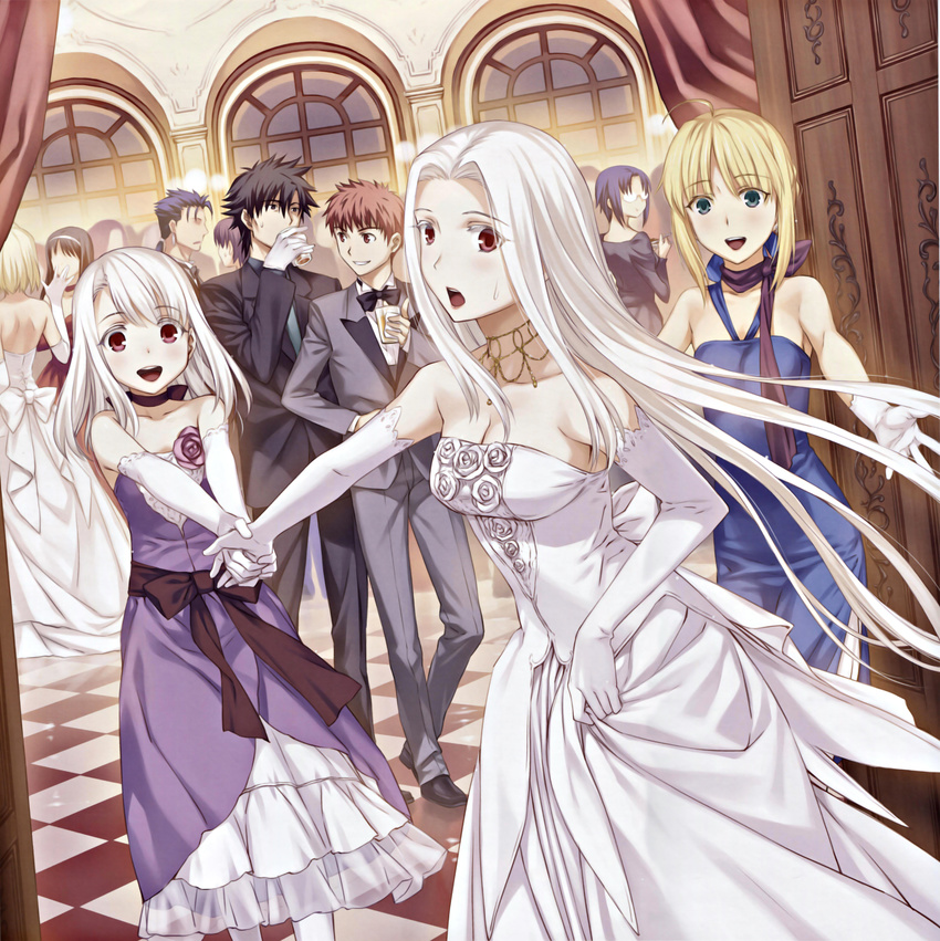 6+girls :d absurdres ahoge arcueid_brunestud artoria_pendragon_(all) bare_shoulders bazett_fraga_mcremitz black_hair blonde_hair blue_dress blue_hair bow bowtie breasts brown_hair checkered checkered_floor ciel cleavage company_connection dress drinking elbow_gloves emiya_kiritsugu emiya_shirou fate/hollow_ataraxia fate/stay_night fate/zero fate_(series) father_and_daughter father_and_son flower formal glasses gloves green_eyes grin hairband highres illyasviel_von_einzbern irisviel_von_einzbern jewelry lancer long_hair medium_breasts moriyama_daisuke mother_and_daughter multiple_boys multiple_girls necktie open_mouth outstretched_arms pantyhose purple_dress red_eyes saber scan scarf short_hair skirt_hold small_breasts smile strapless strapless_dress suit sweatdrop toono_akiha tsukihime type-moon white_dress white_gloves white_hair