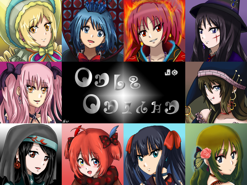 ahoge akemi_homura athyra black_hair blonde_hair blue_eyes blue_hair blush brown_hair butterfly_hair_ornament candeloro charlotte_(madoka_magica) commentary_request crescent cross earrings elsa_maria_(madoka_magica) fang fire flame gertrud_(madoka_magica) green_hair grin h.n.elly_(kirsten) hair_ornament hair_ribbon hat headdress heart highres homulilly hood jewelry kriemhild_gretchen long_hair madoka_runes mahou_shoujo_madoka_magica miki_sayaka multicolored multicolored_eyes multiple_girls oktavia_von_seckendorff ophelia_(madoka_magica) personification pink_hair purple_eyes red_eyes red_hair ribbon sakura_kyouko scar short_hair smile spoilers symbol-shaped_pupils tomoe_mami tongue tongue_out twintails walpurgisnacht_(madoka_magica) witch_(madoka_magica) witch_hat yellow_eyes