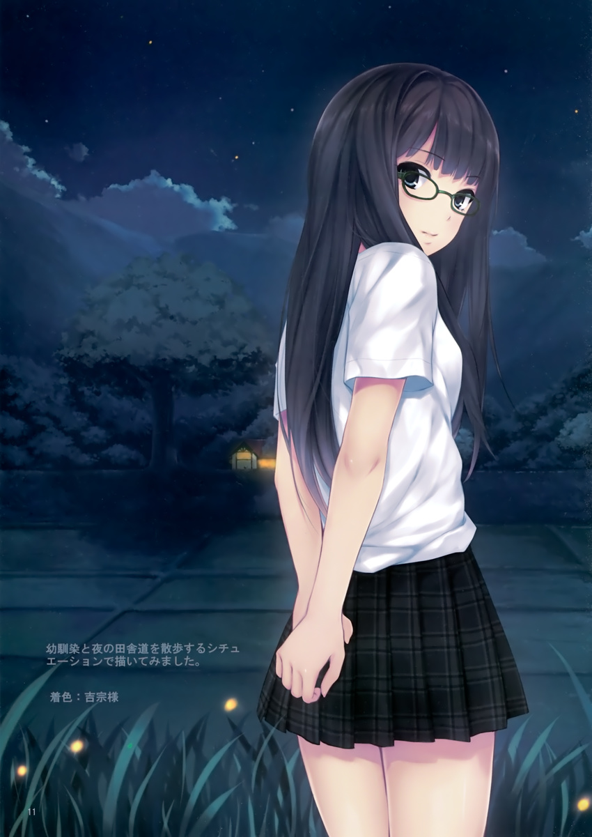 absurdres bangs black_hair bug building coffee-kizoku copyright_request eyebrows_visible_through_hair firefly from_behind glasses grass highres insect long_hair looking_at_viewer looking_back night night_sky plaid plaid_skirt pleated_skirt scan skirt sky solo star_(sky) starry_sky tree