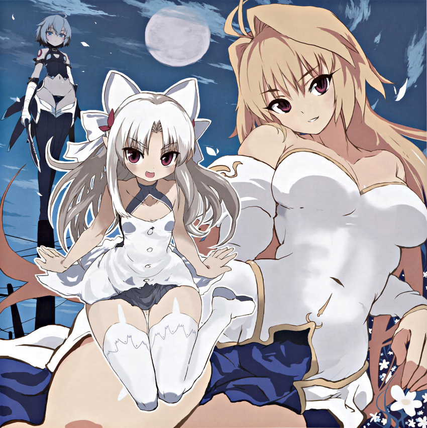 3girls absurdres ahoge archetype_earth arcueid_brunestud bandage bare_shoulders black_panties blonde_hair blue_eyes blue_hair blue_legwear blush boots bow bow_panties breasts cleavage detached_sleeves dress dual_wielding fang fate/apocrypha fate_(series) flat_chest full_moon grin hair_bow hair_intakes halter_top halterneck happy highleg highleg_panties highres jack_the_ripper_(fate/apocrypha) large_breasts long_hair looking_at_viewer melty_blood miniskirt moon multiple_girls no_bra open_mouth outdoors panties pointy_ears red_eyes sanada_taketo scan short_hair skirt sky smile string_panties tattoo thigh_boots thighhighs tsukihime type-moon underwear white_hair white_legwear white_len