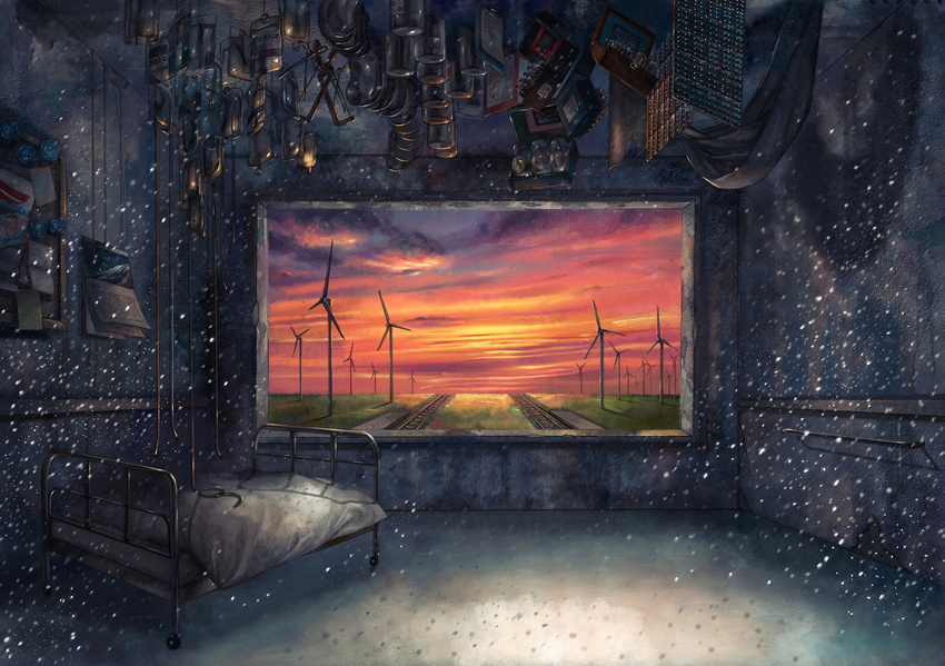 bad_pixiv_id bed blue_flower blue_rose bottle box bulletin_board calendar_(object) clipboard cloud copyright_request flask flower hacksaw highres horizon hospital_bed intravenous_drip no_humans picture_(object) railroad_tracks rose scenery sky snow snowing sunset surreal tights_(artist) twilight vacuum_tube vial water_bottle wind_turbine windmill window
