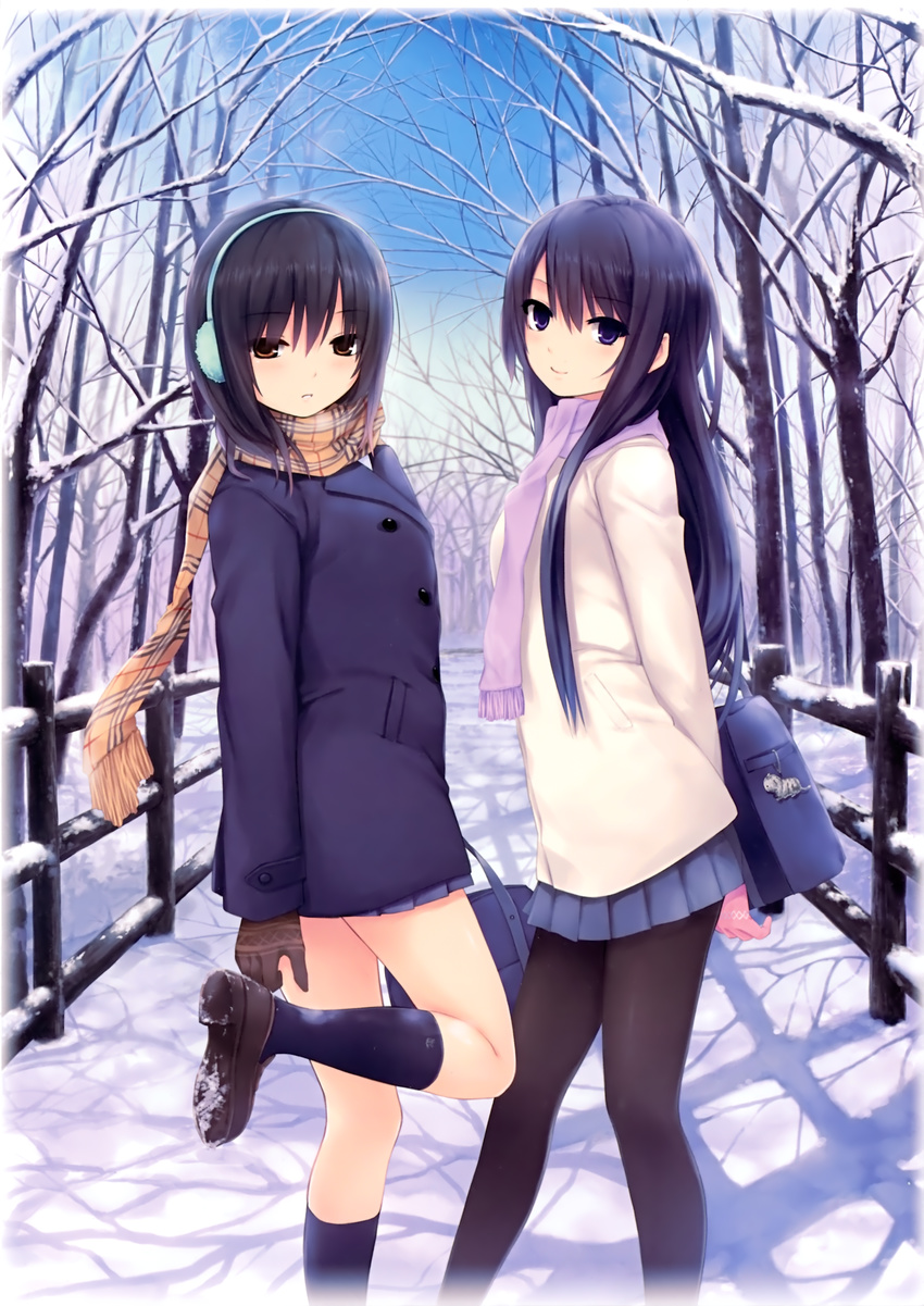 absurdres aoyama_sumika bag bangs black_hair blue_eyes coffee-kizoku day earmuffs eyebrows_visible_through_hair gloves highres leg_up long_hair long_sleeves looking_at_viewer multiple_girls original outdoors pantyhose plaid plaid_scarf pleated_skirt scan scarf school_uniform shiramine_rika short_hair skirt smile snow standing tree winter