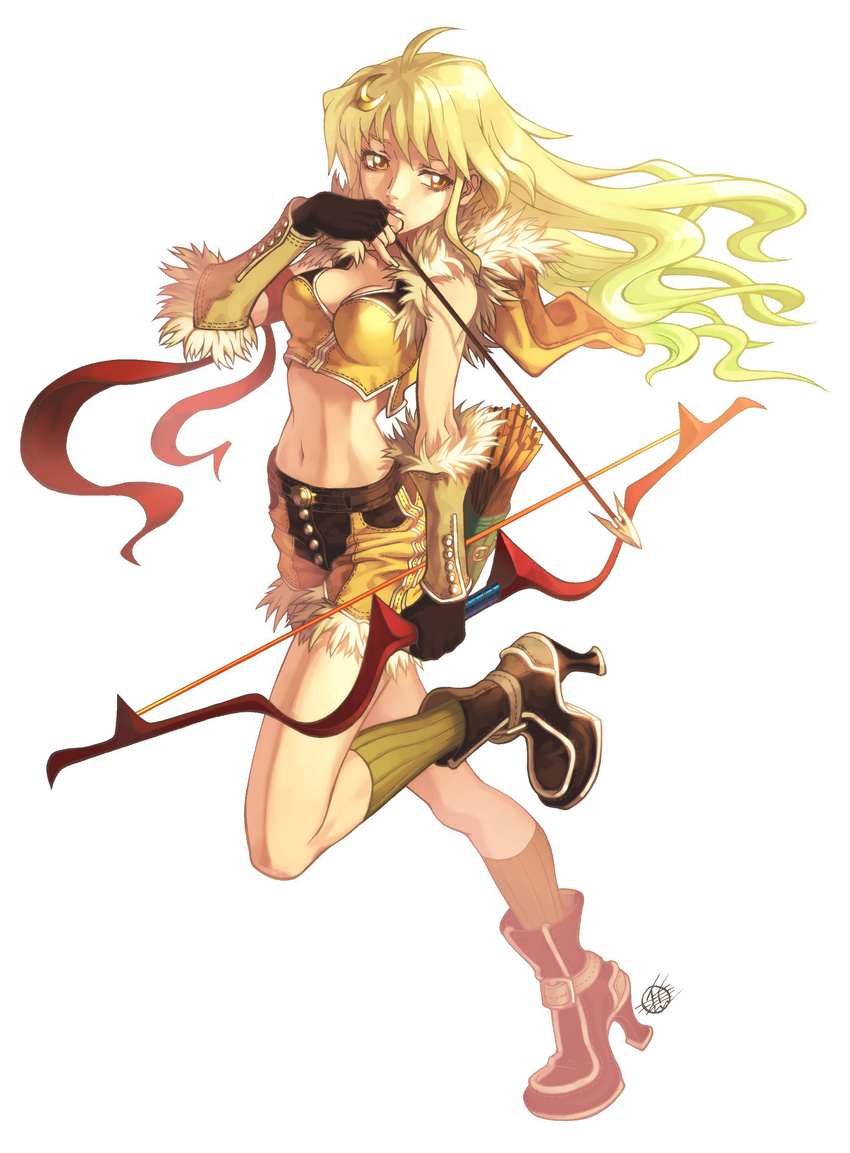 1girl absurdres archer_(ragnarok_online) arrow blonde_hair bow_(weapon) breasts cleavage female full_body gold high_heels highres marksman navel pants quiver ragnarok_online shoes short_pants sniper solo weapon yellow yellow_eyes