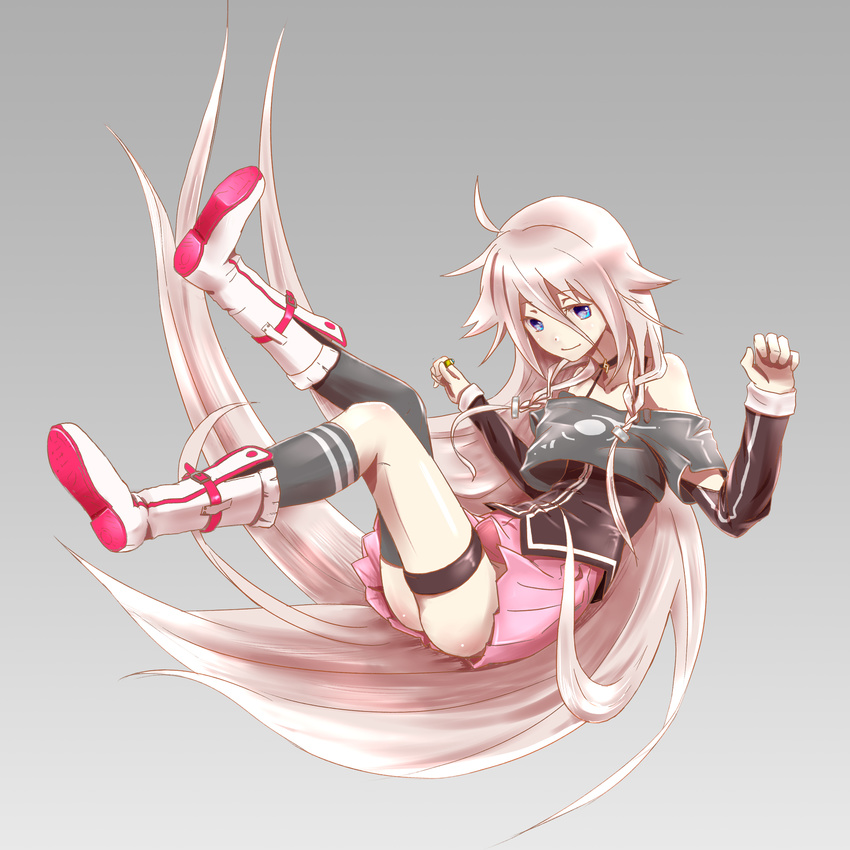 ahoge bare_shoulders blue_eyes boots braid choker falling full_body highres ia_(vocaloid) long_hair looking_at_viewer off_shoulder s.h.v silver_hair simple_background single_thighhigh solo thigh_strap thighhighs twin_braids vocaloid