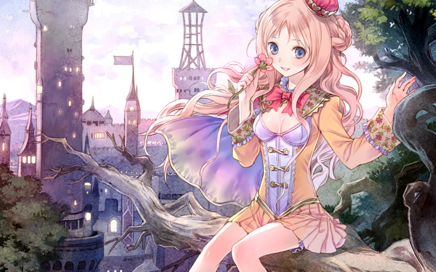 atelier_(series) atelier_meruru blue_eyes breasts cleavage crown flower highres holding kishida_mel long_hair looking_at_viewer merurulince_rede_arls mini_crown orange_hair orange_skirt outdoors pleated_skirt sitting skirt small_breasts solo tree