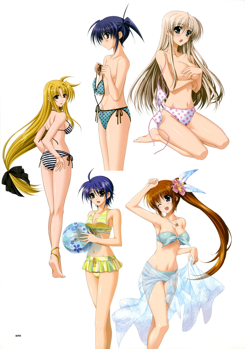 :o absurdres ahoge areolae ass ball bandeau beachball bikini bikini_skirt bikini_top_removed blonde_hair blue_sarong blush bow breasts brown_hair fate_testarossa front-tie_top green_eyes hair_bow higa_yukari highres isis_eaglet jewelry kneeling large_breasts lily_strosek long_hair lyrical_nanoha mahou_senki_lyrical_nanoha_force multiple_girls navel necklace official_art one_eye_closed polka_dot polka_dot_bikini polka_dot_swimsuit print_sarong purple_eyes purple_hair red_eyes sarong sarong_lift shiny shiny_skin short_hair side-tie_bikini side_ponytail smile striped striped_bikini striped_swimsuit subaru_nakajima swimsuit takamachi_nanoha topless translucent_sarong yellow_eyes