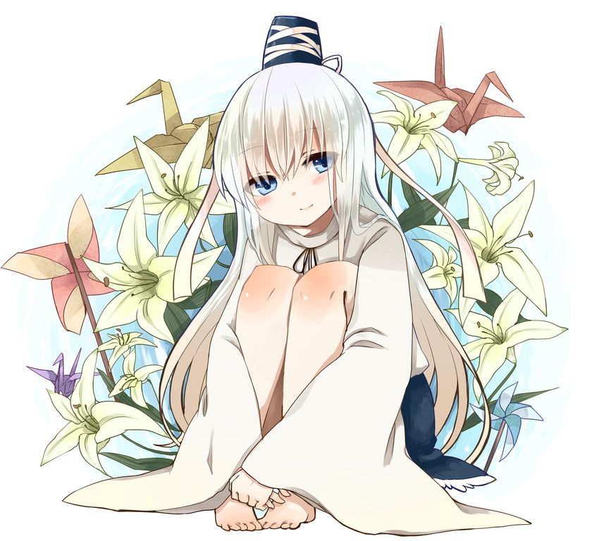 absurdres alternate_hairstyle barefoot blue_eyes blush flower hair_down hat highres japanese_clothes kariginu leg_hug lily_(flower) long_hair mononobe_no_futo origami paper_crane pinwheel silver_hair sitting skirt smile solo tate_eboshi touhou wide_sleeves yuya_(night_lily)