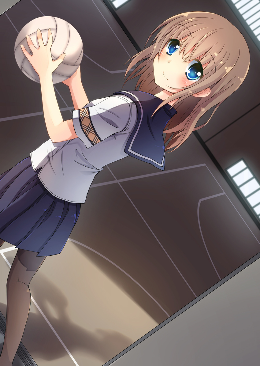 blue_eyes blush brown_hair dutch_angle gym highres holding indoors looking_back original oruto_(ort+) pantyhose pleated_skirt school_uniform short_hair short_sleeves skirt smile solo volleyball