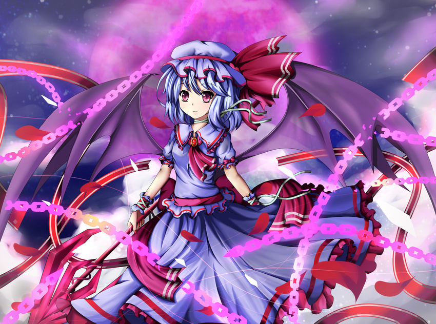 absurdres ascot bandages bat_wings blue_hair chain hat hat_ribbon highres mero_(ly21207) petals polearm puffy_sleeves red_eyes remilia_scarlet ribbon short_hair short_sleeves smile solo spear spear_the_gungnir touhou weapon wings wrist_cuffs