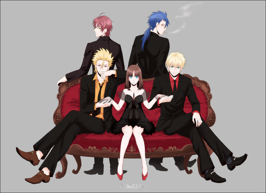 4boys archer_(fate/prototype) arthur_pendragon_(fate) bad_id bad_pixiv_id blue_hair cigarette couch cu_chulainn_(fate/prototype) fate/prototype fate_(series) formal green_eyes long_hair male_harem multiple_boys necktie perseus_(fate) ponytail red_eyes red_hair sajou_ayaka suit tomose0224