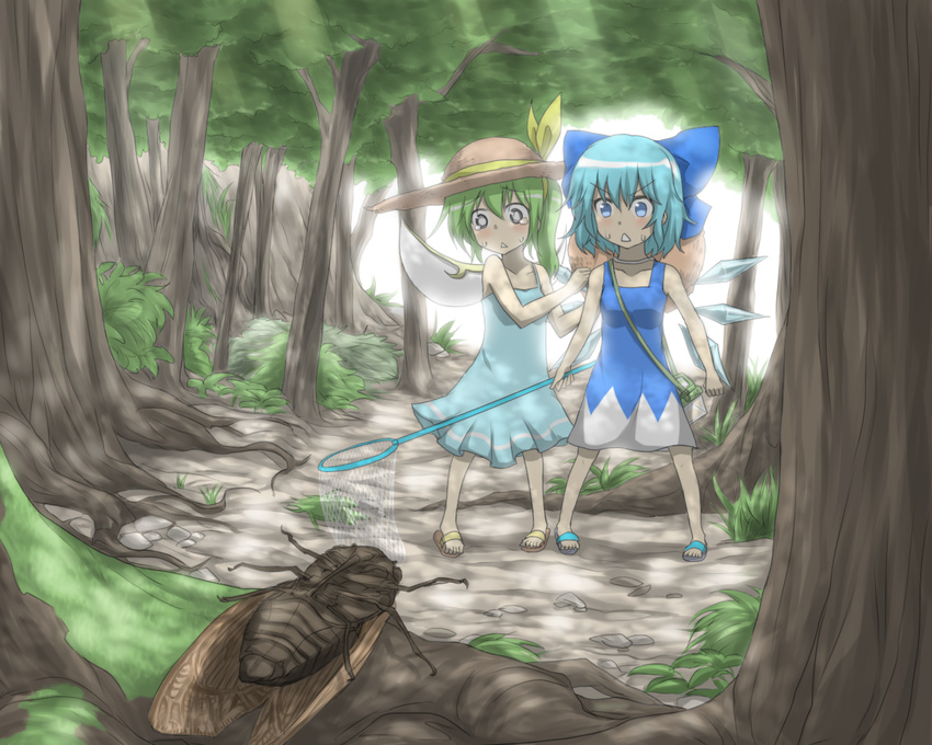 :&lt; blue_dress blue_eyes blue_hair blush bow bug bug_hunting butterfly_net cicada cirno container daiyousei death dress fairy_wings forest green_hair grey_eyes hair_bobbles hair_bow hair_ornament hand_net hat hat_bow ice ice_wings insect lying multiple_girls nature nobamo_pieruda o_o on_back sandals short_hair side_ponytail straw_hat sweat tears touhou tree triangle_mouth wide-eyed wings