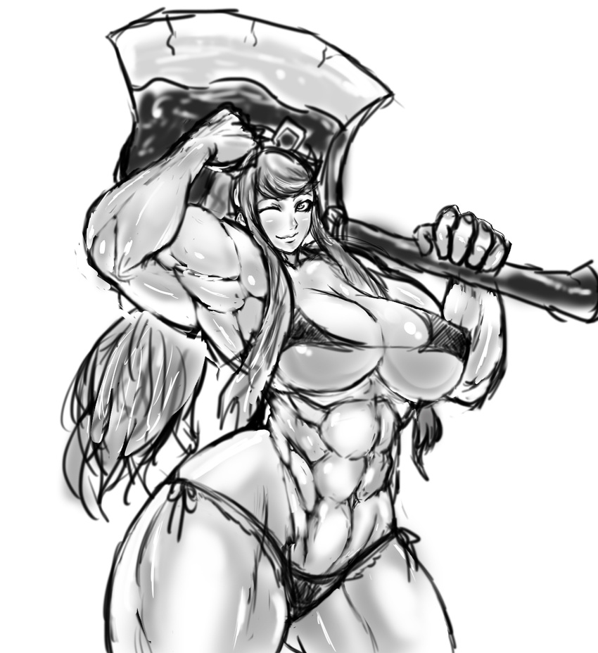 abs amazon biceps bikini breasts curvy extreme_muscles flex flexing highres huge_weapon long_hair monochrome pose simple_background smile swimsuit thick_thighs toned weapon wide_hips wink