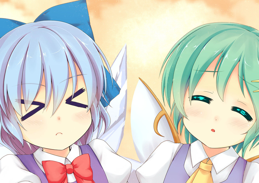 &gt;_&lt; blue_hair bow cirno close-up closed_eyes daiyousei face fairy_wings frown green_hair hair_bow incoming_kiss multiple_girls niiya short_hair take_your_pick touhou wings