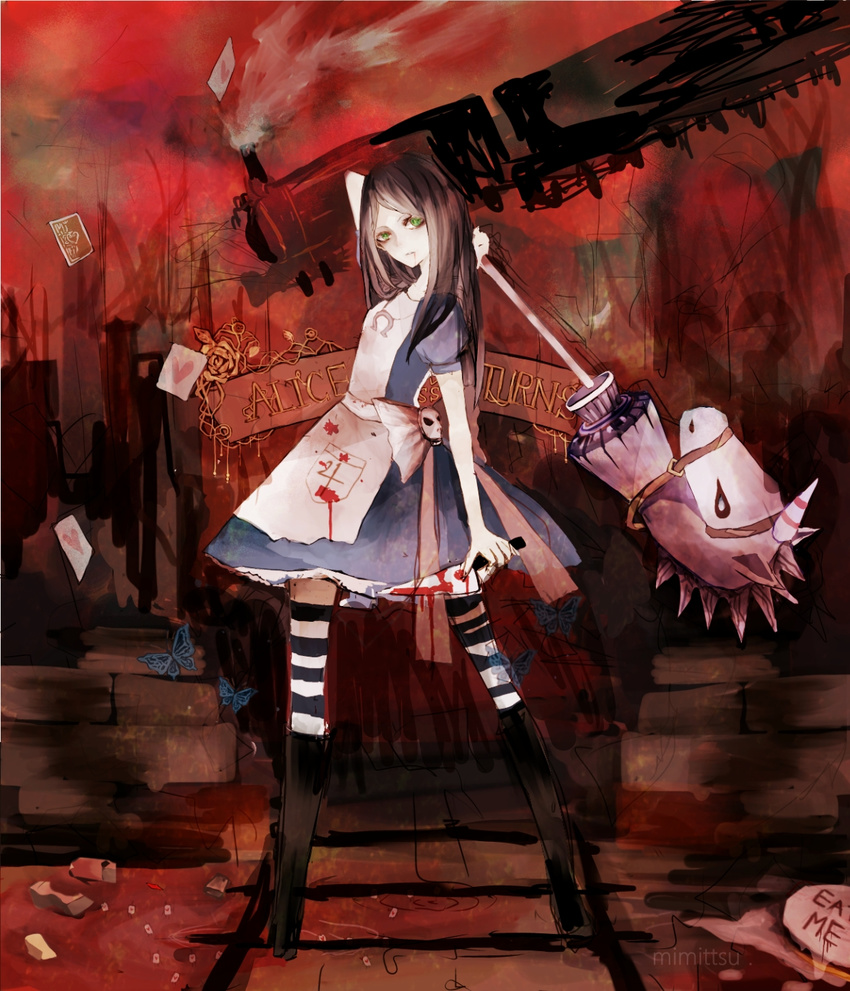alice:_madness_returns alice_(character) alice_(wonderland) alice_in_wonderland alice_liddell american_mcgee's_alice american_mcgee's_alice black_hair blood dress green_eyes highres hobbyhorse skirt striped striped_legwear striped_stockings thighhighs