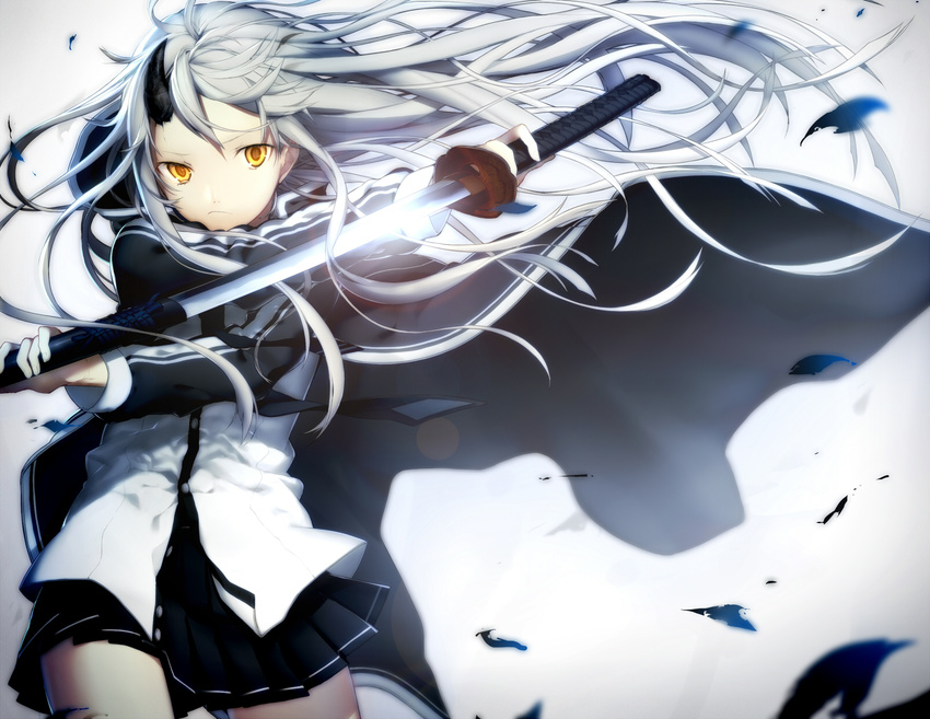 bad_id bad_pixiv_id coat highres hood hoodie horn katana long_hair original petals pleated_skirt reverse_grip sheath shirotaka_(5choume) silver_hair skirt solo sword unsheathing weapon yellow_eyes