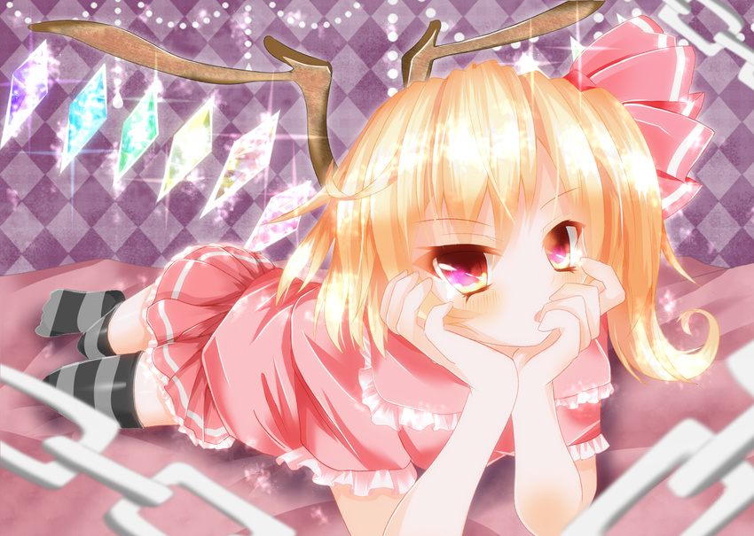 blonde_hair bow chain flandre_scarlet red_eyes short_hair thighhighs touhou wings yuimari zettai_ryouiki