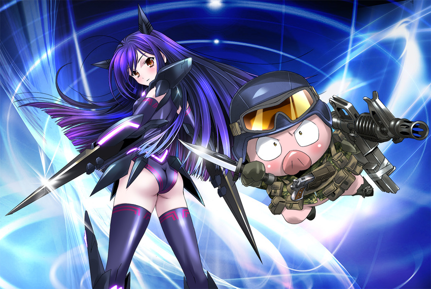 1girl accel_world angry antenna_hair arita_haruyuki arm_blade armor ass bangs black_lotus_(accel_world) blue_background blue_hair blue_legwear blush boots camouflage combat_knife constricted_pupils dual_wielding duel_avatar elbow_gloves fighting_stance flat_chest floating_hair from_behind fusion glint gloves glowing goggles goggles_on_headwear gradient_hair gun hair_ornament handgun head_tilt helmet holding holster horns jumping kneepits knife kuroyukihime leotard light_smile load_bearing_vest long_hair looking_at_viewer looking_back multicolored_hair neon_trim orange_eyes pig pistol platin_(alios) pouch purple_hair smile standing submachine_gun swept_bangs thighhighs weapon