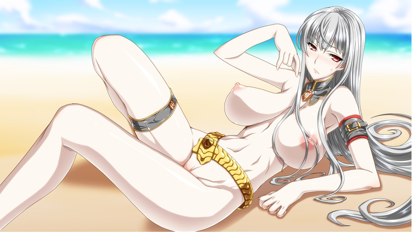 arm_support bare_shoulders beach belt breasts day ebido highres large_breasts lying nipples on_side pale_skin puffy_nipples red_eyes selvaria_bles senjou_no_valkyria senjou_no_valkyria_1 silver_hair slender_waist solo