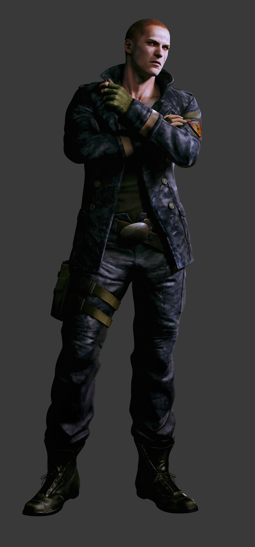 absurdres belt boots fingerless_gloves gloves highres jacket jake_muller male male_focus resident_evil resident_evil_6 scar shaved