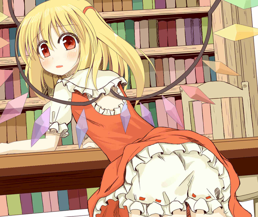 blonde_hair bloomers blush bookshelf chiyono crystal flandre_scarlet open_mouth puffy_sleeves red_eyes short_hair short_sleeves side_ponytail solo table touhou underwear wings