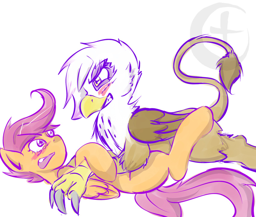 argoth avian beak blush cub equine female feral friendship_is_magic gilda_(mlp) gryphon hair horse mammal my_little_pony open_mouth pegasus plain_background pony purple_eyes purple_hair scootaloo_(mlp) white_background wings yellow_eyes young