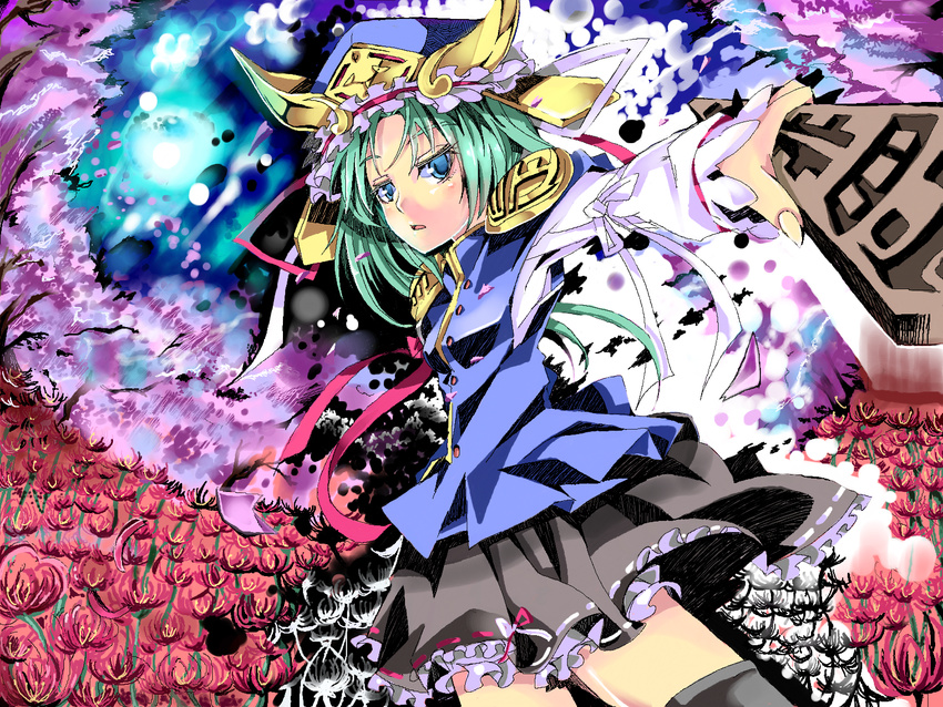 blue_eyes flower foreshortening frills green_hair hat highres long_hair long_sleeves nmknf_(mkn) open_mouth rod_of_remorse shiki_eiki solo spider_lily touhou