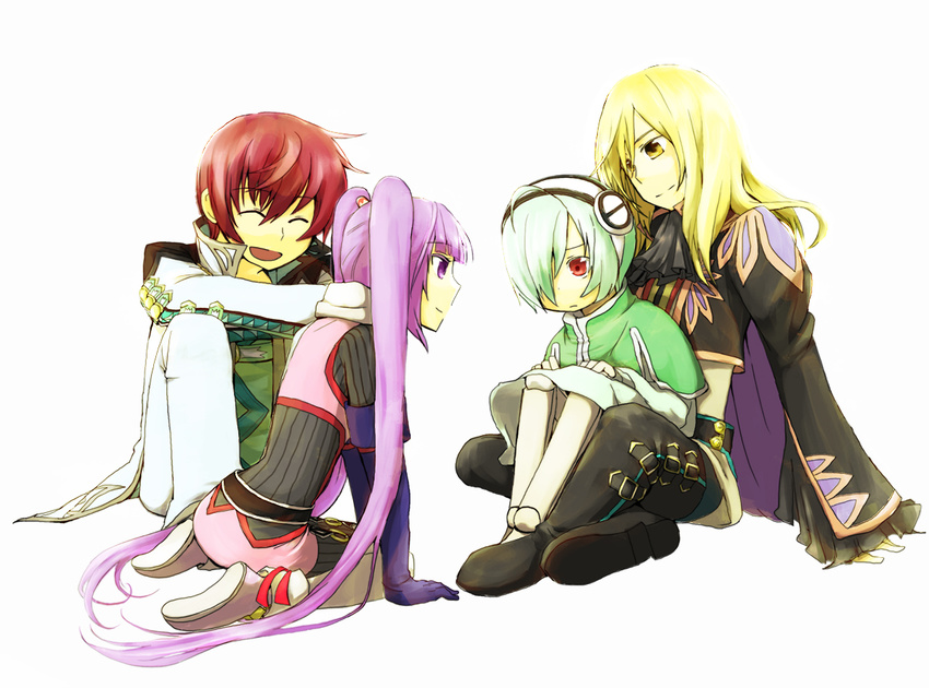 1girl 3boys ahoge asbel_lhant belt blonde_hair bodysuit boots cape capelet coat cravat dress elbow_gloves eyes_closed frills gloves hair_over_one_eye hairband lambda long_hair multiple_boys pants purple_eyes purple_hair red_eyes red_hair richard_(tales_of_graces) shoes short_hair sophie_(tales) sophie_(tales_of_graces) tales_of_(series) tales_of_graces thigh_boots thighhighs twintails very_long_hair yellow_eyes