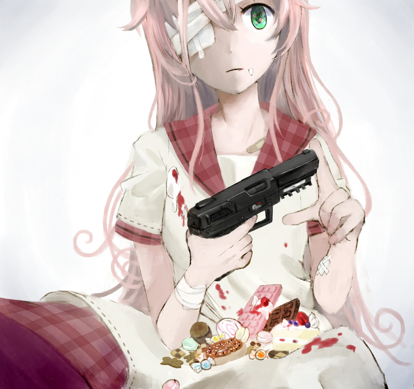 bandage_over_one_eye bandages bandaid cake candy checkerboard_cookie chocolate chocolate_bar cookie cream doughnut dress five-seven_(gun) food gingerbread_man green_eyes gun handgun jinrui_wa_suitai_shimashita lollipop long_hair macaron mayonaka_niji_sugi pink_hair slice_of_cake solo strawberry_chocolate strawberry_shortcake swirl_lollipop watashi_(jintai) weapon white_background