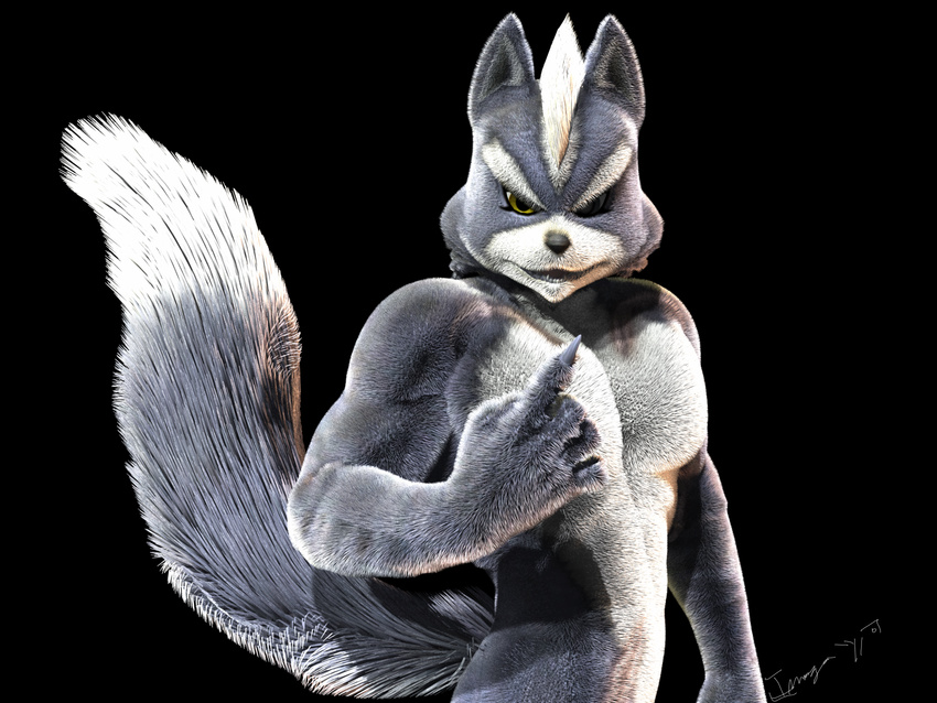 black_background canine hi_res imago3d looking_at_viewer male mammal nintendo nude odonnell plain_background star_fox video_games wolf wolf_o'donnell wolf_o'donnell yellow_eyes