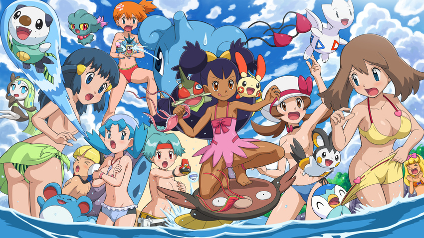 &gt;_&lt; 6+girls :o :q anger_vein ass assisted_exposure axew bandeau big_hair bikini bikini_top_removed blue_eyes blue_hair blush bow breasts brown_eyes brown_hair censored choker cleavage closed_eyes clothes_theft convenient_censoring cosplay covering covering_breasts crystal_(pokemon) dark_skin dent_(pokemon) earrings embarrassed emolga flat_chest frilled_bikini frills gen_1_pokemon gen_2_pokemon gen_3_pokemon gen_4_pokemon gen_5_pokemon green_sarong gyarados haruka_(pokemon) hat headband headphones highres hikari_(pokemon) hinata_(pokemon) iris_(pokemon) jewelry kamitsure_(pokemon) kamitsure_(pokemon)_(cosplay) kasumi_(pokemon) kotone_(pokemon) lapras large_breasts long_hair marill meloetta misdreavus multiple_girls navel necklace one-piece_swimsuit open_mouth orange_hair oshawott otoko_no_ko piplup plusle pokemoa pokemon pokemon_(anime) pokemon_(classic_anime) pokemon_(creature) pokemon_ag pokemon_bw_(anime) pokemon_dp_(anime) purple_hair red_eyes sarong satoko_(pokemon) satoshi_(pokemon) shorts side_ponytail stunfisk surfing sweatdrop swimsuit swimsuit_theft theft themed_object togetic tongue tongue_out topless wading water water_gun