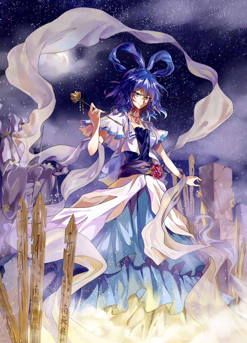 blue_eyes blue_hair flower grave graveyard hair_ornament hair_rings hair_stick highres holding kaku_seiga looking_at_viewer neko_(yanshoujie) night night_sky sky solo sotoba touhou