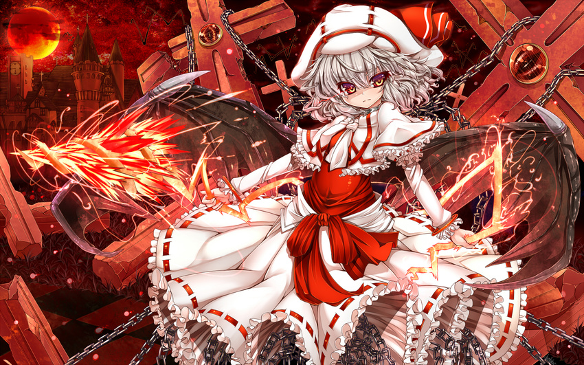 alternate_costume bat_wings capelet chain checkered checkered_floor clock clock_tower colored_eyelashes cross curiosities_of_lotus_asia dress frills full_moon hat highres kantarou_(nurumayutei) moon red_eyes red_moon red_sky remilia_scarlet short_hair silver_hair sky solo spear_the_gungnir touhou tower wings