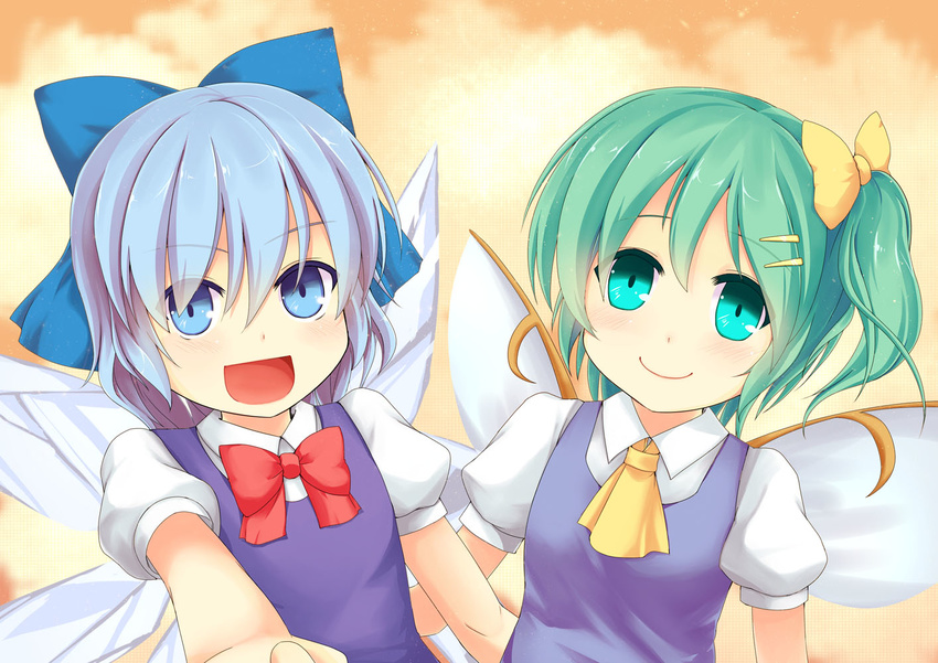 ascot blue_eyes blue_hair bow bowtie cirno close-up daiyousei face fairy_wings friends frown green_eyes green_hair hair_bow hair_ornament hairclip looking_at_viewer multiple_girls niiya open_mouth short_hair side_ponytail smile touhou upper_body wings