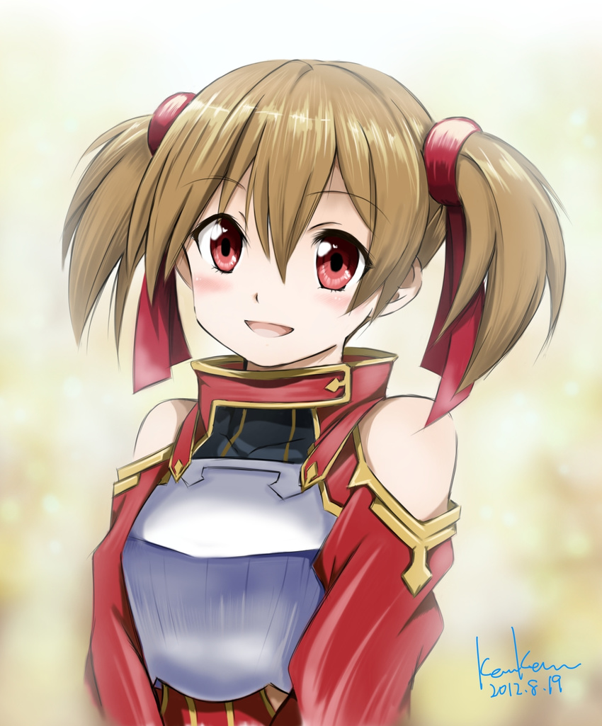 :d artist_name blush breastplate brown_hair hair_ribbon highres kem_kem md5_mismatch open_mouth red_eyes ribbon short_twintails silica smile solo sword_art_online twintails