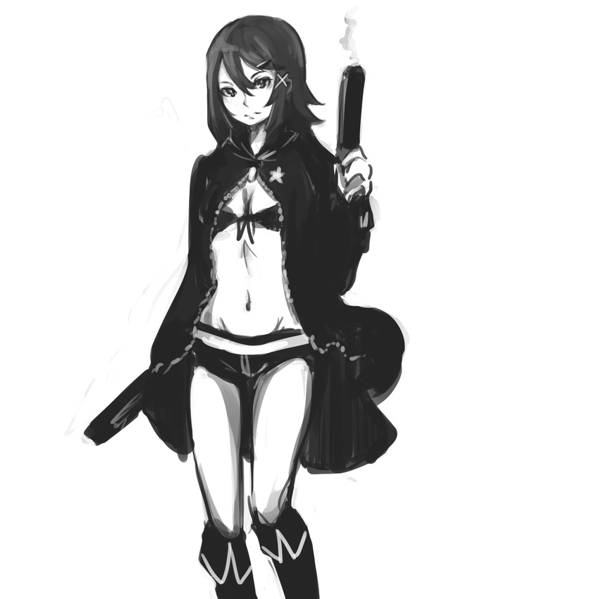 anonymous_drawfag asagiri_asagi bikini_top black_rock_shooter black_rock_shooter_(character) black_rock_shooter_(character)_(cosplay) boots breasts cleavage cosplay disgaea dual_wielding greyscale groin gun hair_ornament hairclip handgun highres holding knee_boots long_coat monochrome navel nippon_ichi pistol prinny_(series) prinny_~ore_ga_shujinkou_de_iinsuka?~ reverse_trap short_hair short_shorts shorts small_breasts smoke smoking_gun solo weapon