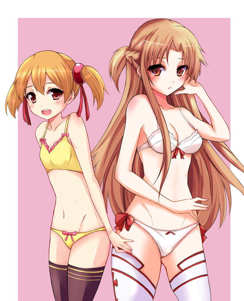 asuna_(sao) blonde_hair bow bow_bra bow_panties bra breasts brown_eyes brown_hair flat_chest groin highres long_hair medium_breasts multiple_girls navel panties pink_background red_eyes short_hair short_twintails silica sword_art_online taka-kun thighhighs twintails underwear underwear_only white_bra white_panties yellow_bra yellow_panties