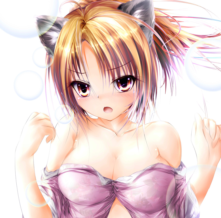 absurdres animal_ears breasts brown_hair cat_ears cleavage d: garyljq highres large_breasts oda_nobuna oda_nobuna_no_yabou open_mouth red_eyes wardrobe_malfunction