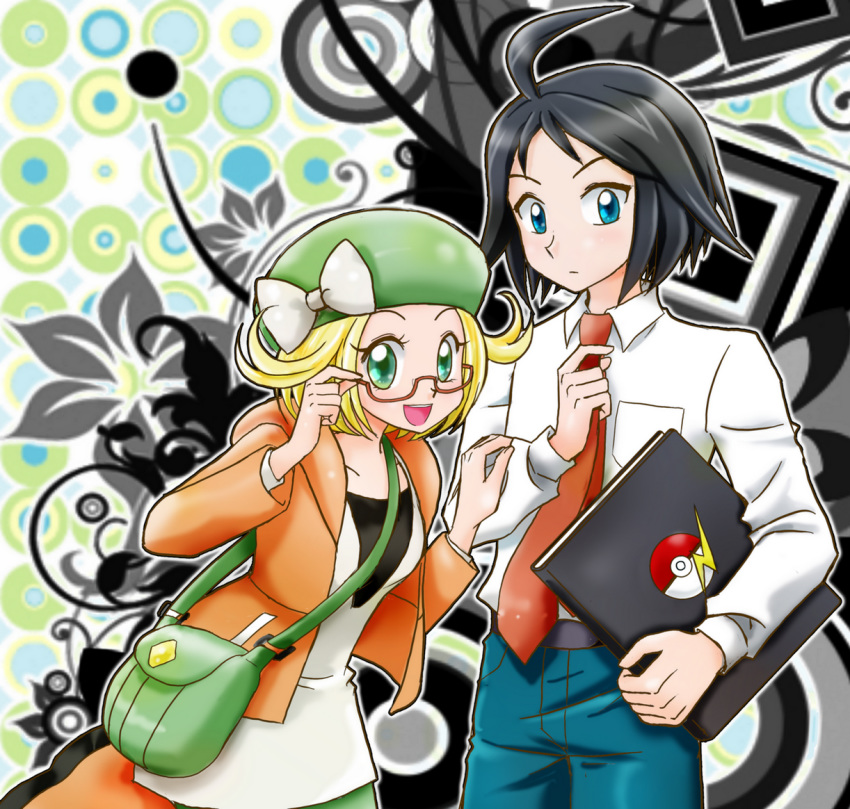 1boy 1girl :d abstract_background ahoge bag bel_(pokemon) belt black_hair blonde_hair blue_eyes blue_pants book cheren_(pokemon) chikorita85 coat creatures_(company) dress expressionless formal game_freak glasses green_hat handbag hat hat_ribbon holding holding_book long_sleeves looking_at_viewer necktie nintendo open_mouth pants poke_ball poke_ball_(generic) pokemon pokemon_special red_neckwear ribbon short_hair smile standing upper_body white_dress white_ribbon