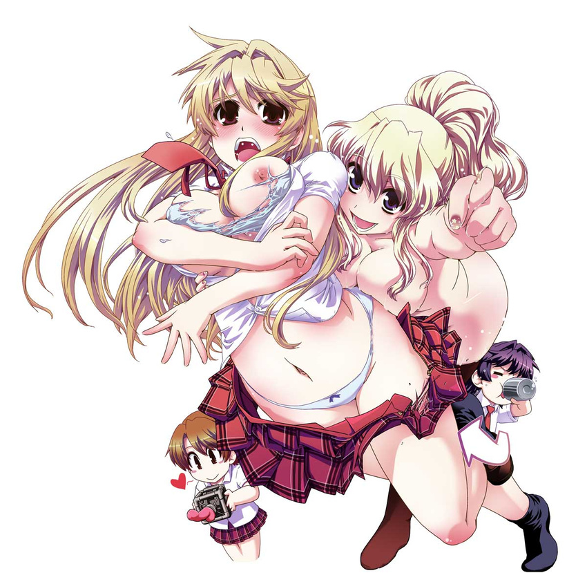 3girls =_= black_eyes blonde_hair blush bottle breast_hold breasts brown_eyes brown_hair covering dildo drinking ikuya_daikokudou large_breasts long_hair looking_at_viewer multiple_girls navel nipples nude open_mouth original panties ponytail purple_hair school_uniform short_hair skirt torn_clothes underwear undressing