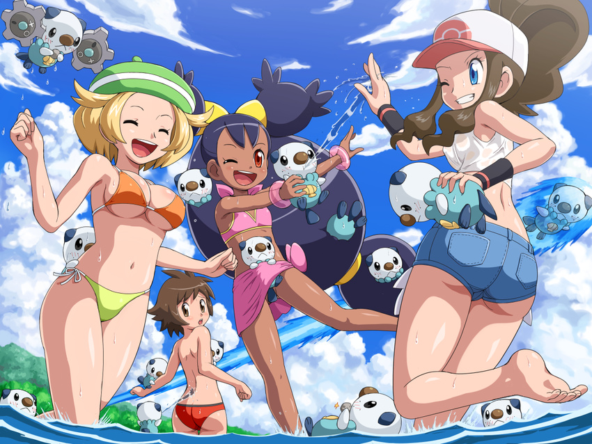 3girls ass bel_(pokemon) big_hair bikini bracelet breasts censored cleavage closed_eyes convenient_censoring crop_top denim denim_shorts duplicate flat_chest gen_5_pokemon grin hat iris_(pokemon) jewelry klink male_swimwear medium_breasts multiple_girls navel no_panties one_eye_closed open_mouth oshawott pink_sarong pokemoa pokemon pokemon_(creature) pokemon_(game) pokemon_bw sarong shorts sideboob smile swim_briefs swimsuit swimwear touko_(pokemon) touya_(pokemon) two_side_up underboob wading water wet wet_clothes