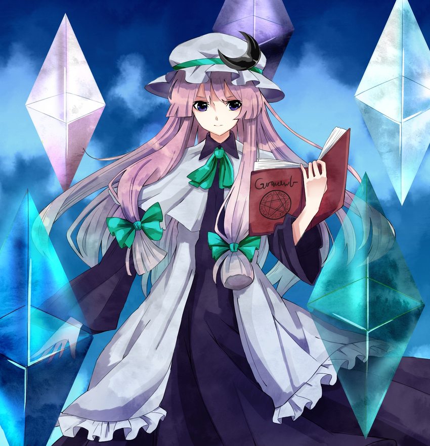 alternate_costume bad_id bad_pixiv_id blue_eyes blush book bow crescent crystal dress hair_bow hat highres long_hair long_sleeves patchouli_knowledge philosopher's_stone purple_hair smile solo taiki_(ozone) touhou